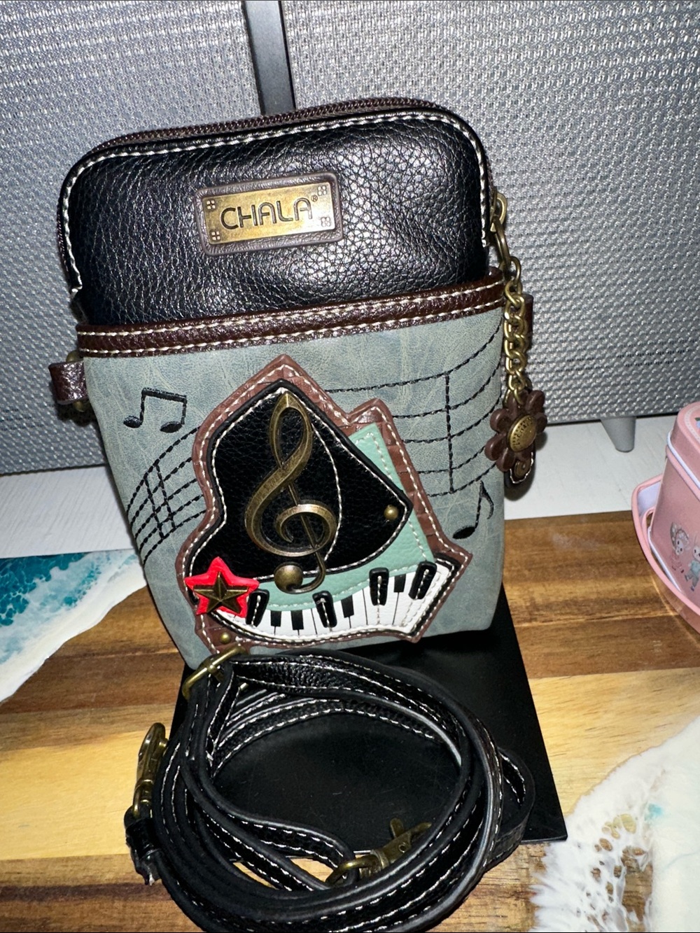 Chala Gray and Black Music Applique Crossbody Bag - Picture 5 of 5